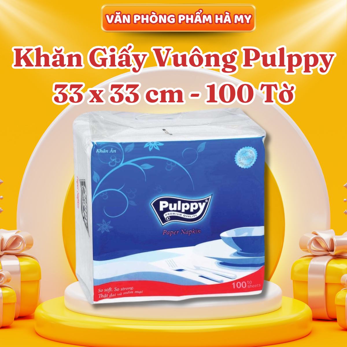 Bịch 100 Tờ Khăn giấy vuông Pulppy 33x33cm
