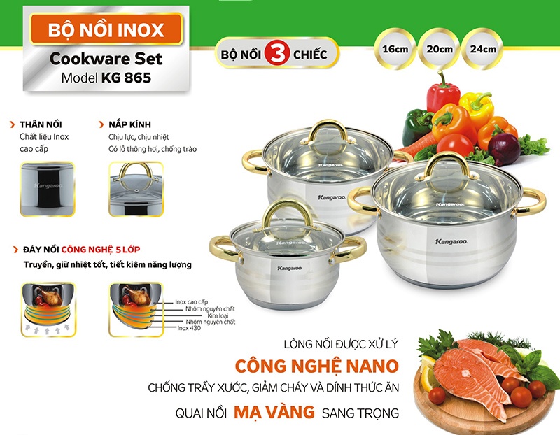 Bộ nồi Inox 3 chiếc đáy 5 lớp Kangaroo KG865