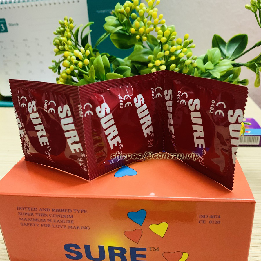 Bao cao su SURE chính hãng, bao cao su gân gai mang lại cảm giác khoái cảm, hộp 3 bao