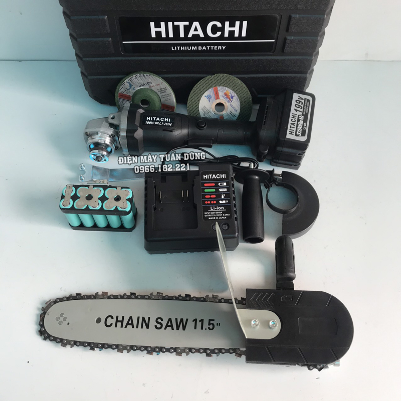 Máy mài pin Hitachi 199V TẶNG Bộ lưỡi cưa xích và Đá mài với Đá cắt