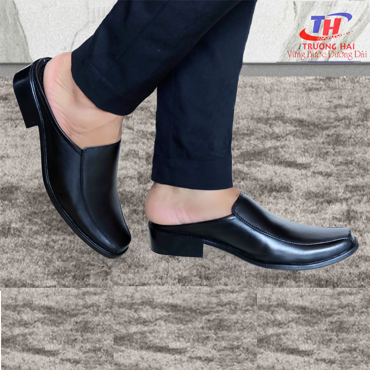 Dép nam bít mũi da bò  đế cao 4cm màu đen  THBM62