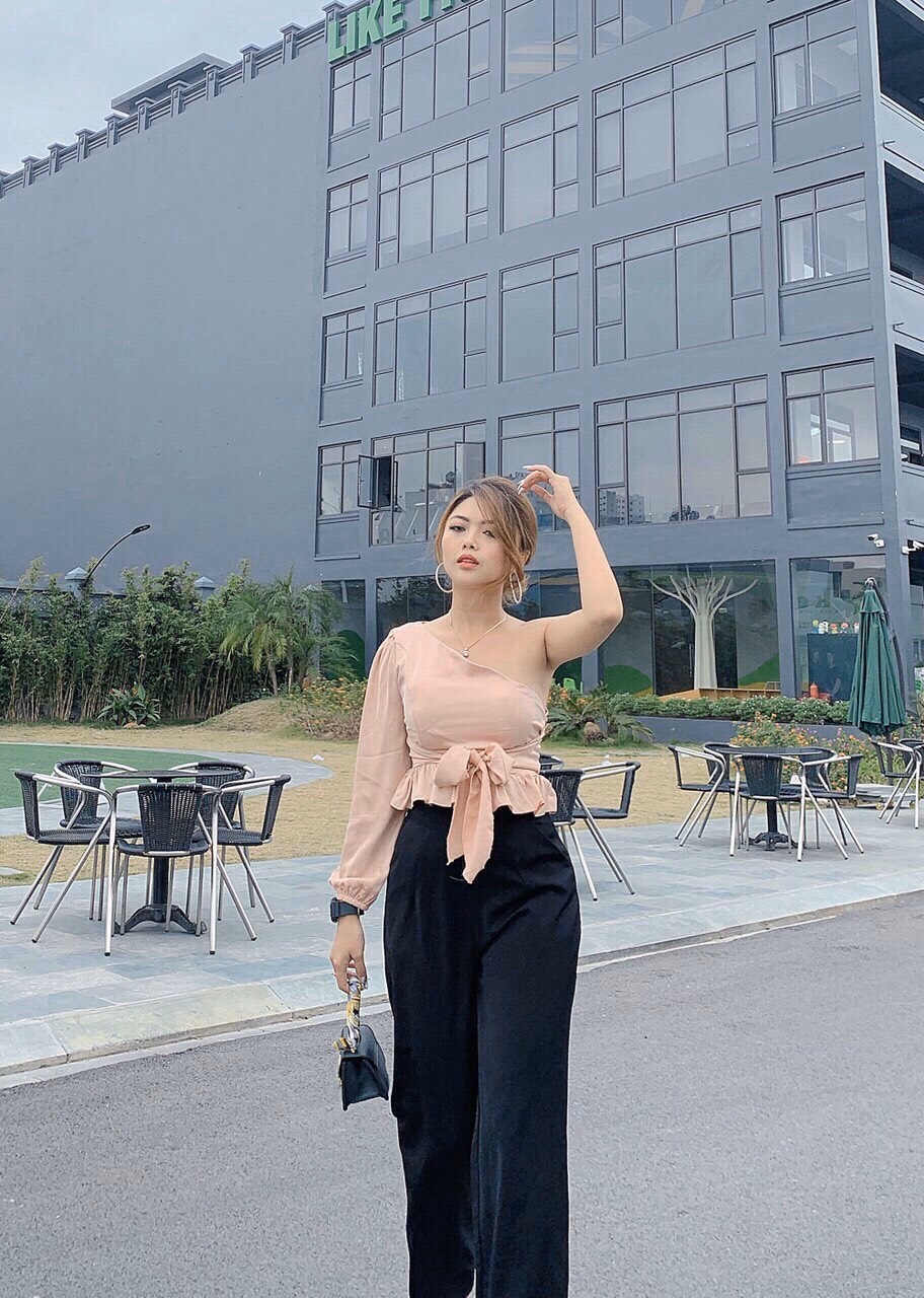 Áo voan kiểu 1 tay dài thắt nơ eo cute TTSLA0019