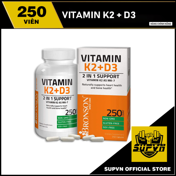 Vitamin K2 D3 - MK7 Bronson 250 Viên Hỗ trợ Giúp Xương Chắc Khỏe, Tăng Hóc Môn, Phát Triển Cơ nhập khẩu