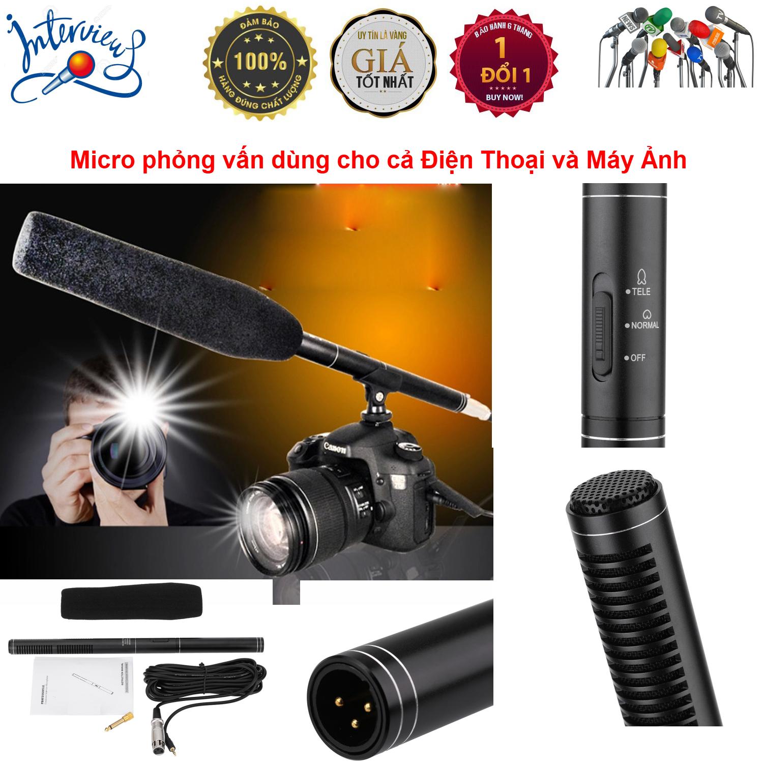 Micro phỏng vấn chuyên nghiệp - Dùng cho máy quay phim, Điện thoại + TẶNG kèm Jack chuyển 3.5mm sang 6.5mm