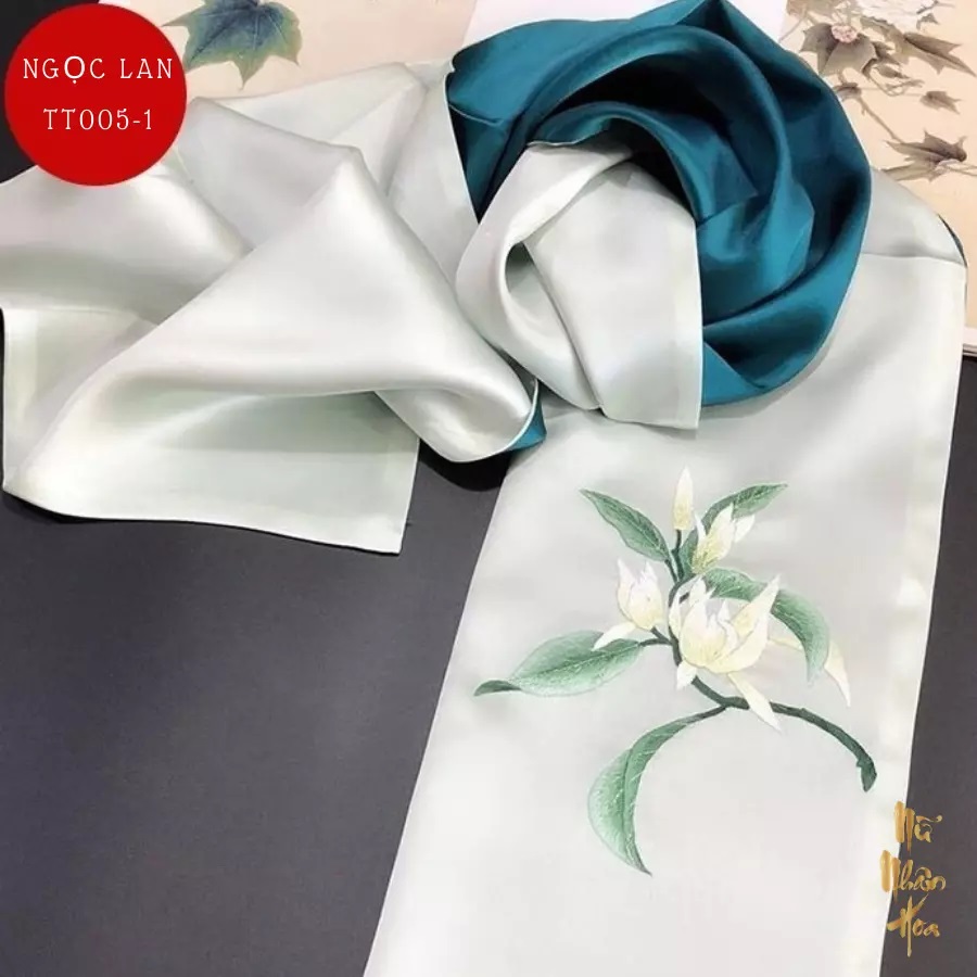 TT005 Khăn Lụa Thêu Tay Cao Cấp Hoạ Tiết Hoa Ngọc Lan