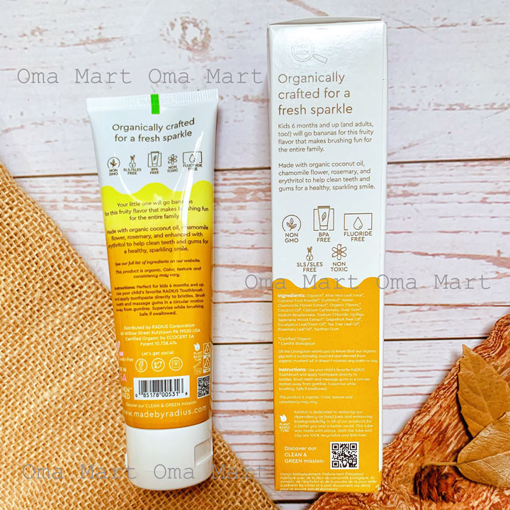 Kem đánh răng chuối dừa hữu cơ cho bé Radius 85g