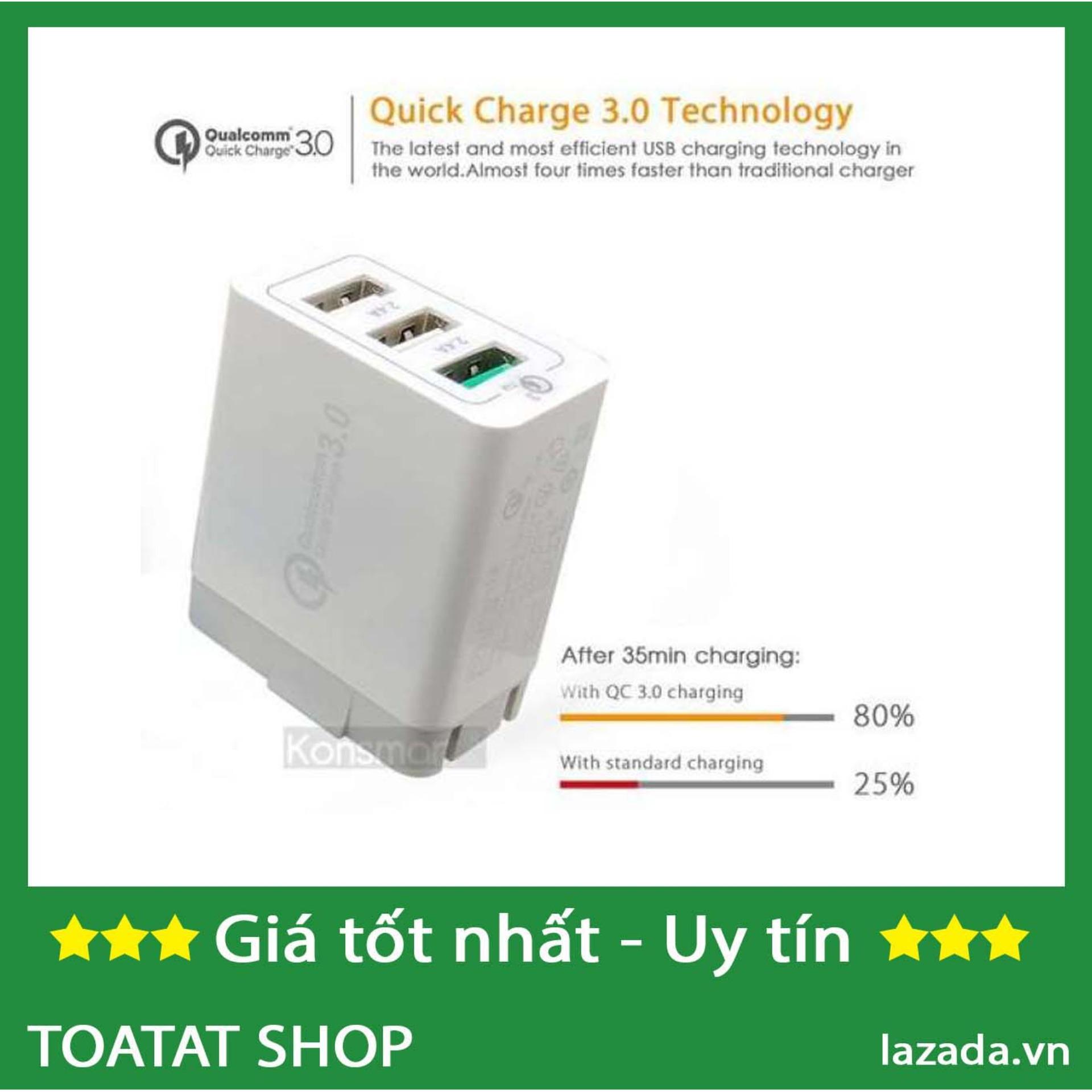 Sạc nhanh Qualcomm 3.0 với 3 cổng siêu bền, siêu nhanh ( Không kèm dây sạc)
