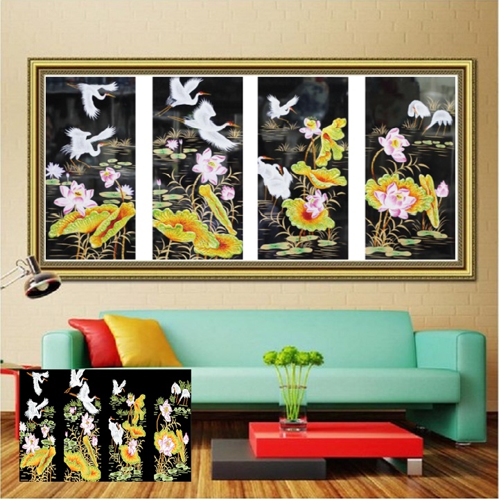Tranh đính đá tứ quý Hạc sen - Kt 130*70cm