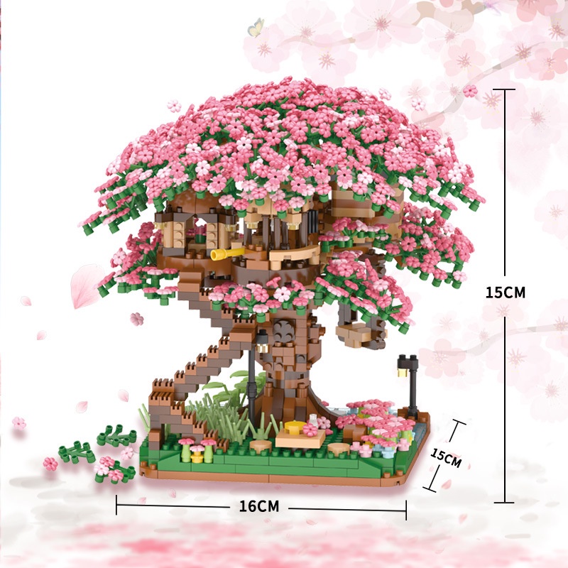 Đồ chơi lắp ráp mô hình nhà cây hoa anh đào mini DIY cho trẻ em  Gồm Khối Sakura