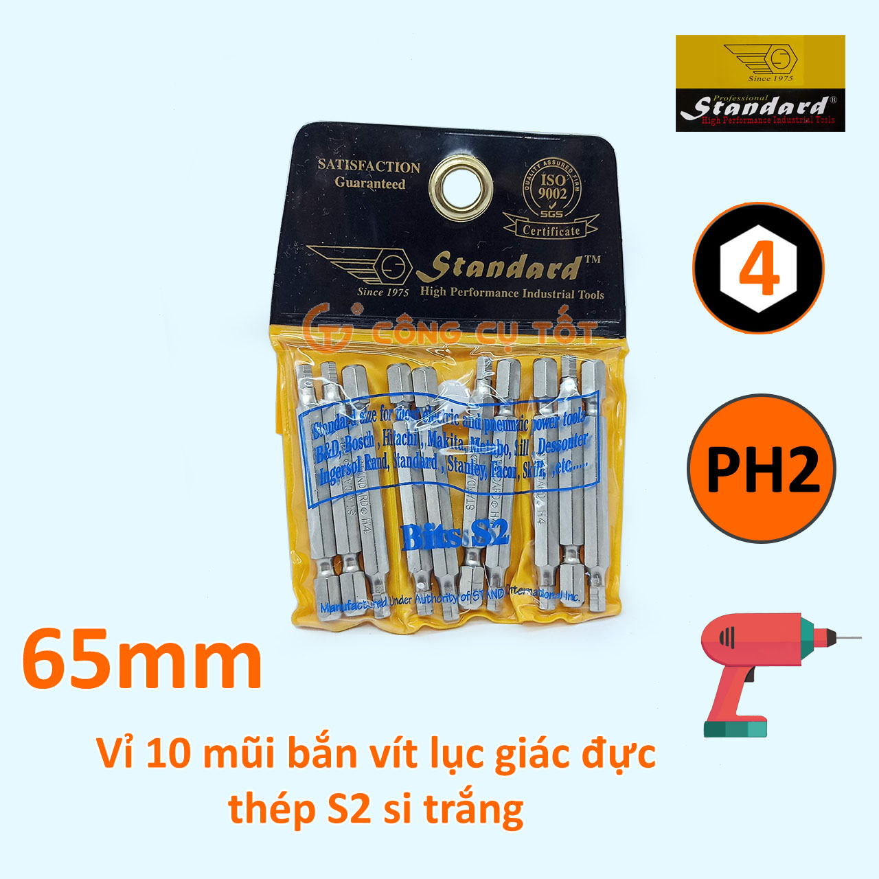 Vỉ 10 Đầu bắt vít lục giác đực Standard dài 65mm