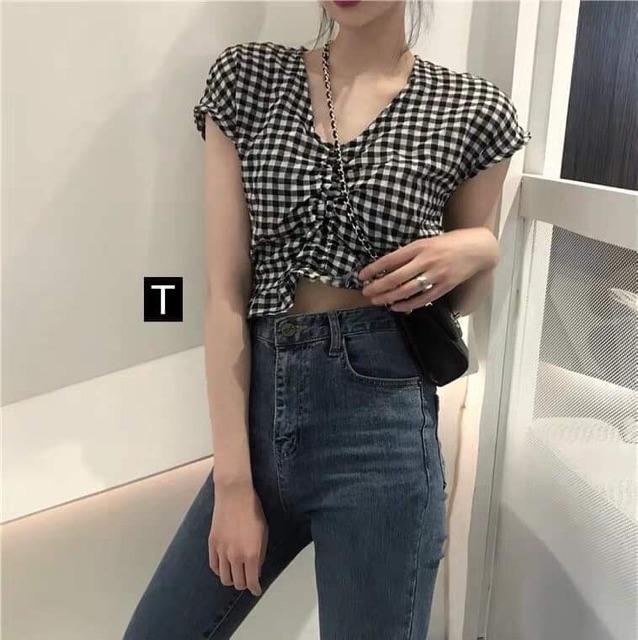 [HCM]Áo Kiểu Nữ Croptop Rúm Ngực Ulzzang Hàn Quốc ( Đỏ và Đen)