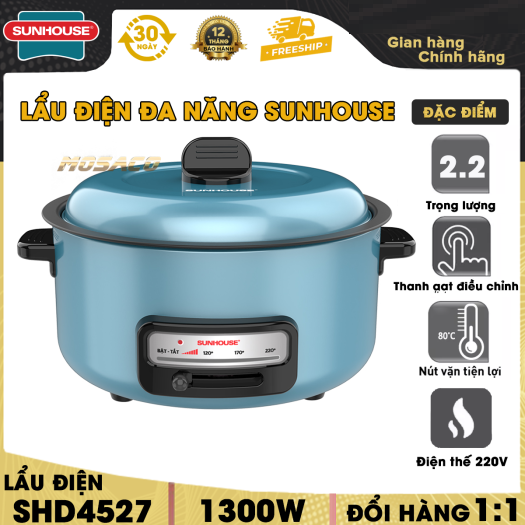 Lẩu điện sunhouse shd4527 - nồi lẩu đa năng sunhouse - lẩu điện đa năng lẩu, xào, chiên, rán - lòng nồi chống dính cao cấp, dung tích 3.5l, công suất 1300w, bảo hành 12 tháng