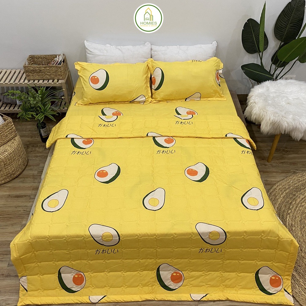 Trọn Bộ 5 Món Mền Chần Gòn - Ga - Gối - Gối ôm Bơ Vàng 1m8x2m và 1m6x2m