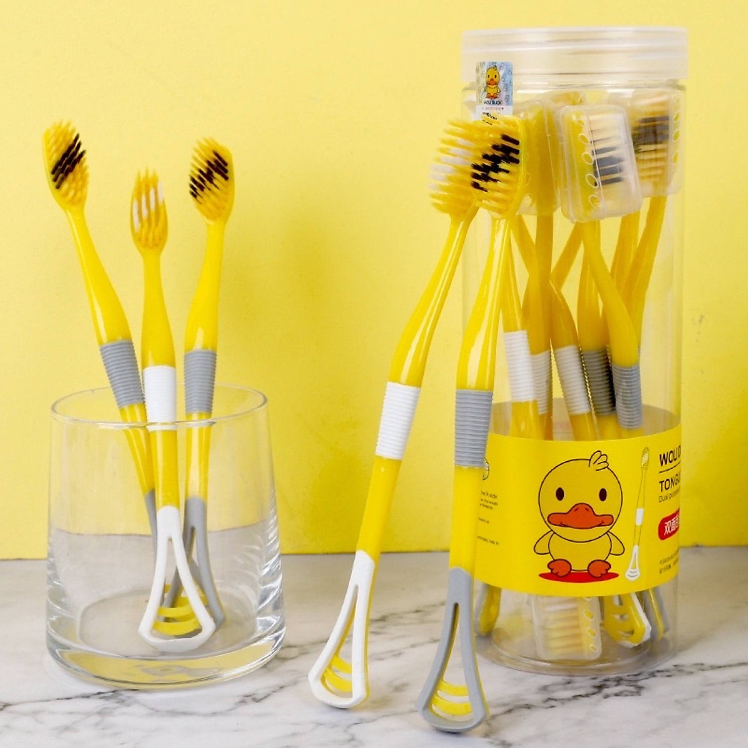 Set 8 bàn chải vịt vàng kiêm nạo lưỡi, hộp 8 bàn chải đánh răng vịt vàng