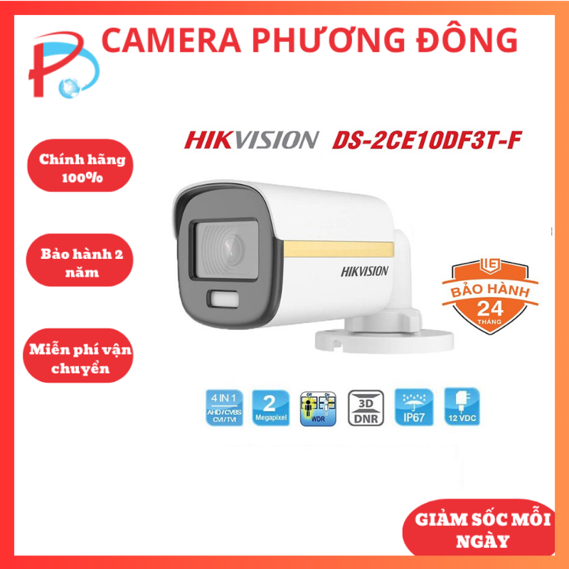 Camera hd-tvi colorvu hikvision ds-2ce10df3t-f 2mp 1080p vỏ sắt màu sắc 24/7 - hàng chính hãng