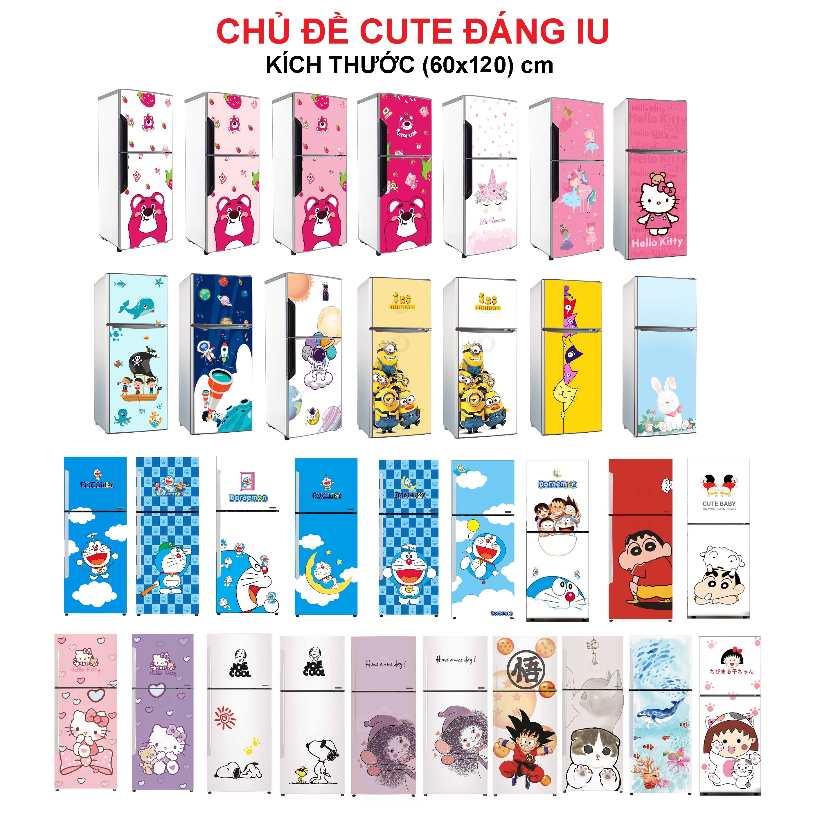 DECAL DÁN TỦ LẠNH KHỔ (60x120) cm - Chủ đề CUTE ĐÁNG IU - THUTHAODECOR
