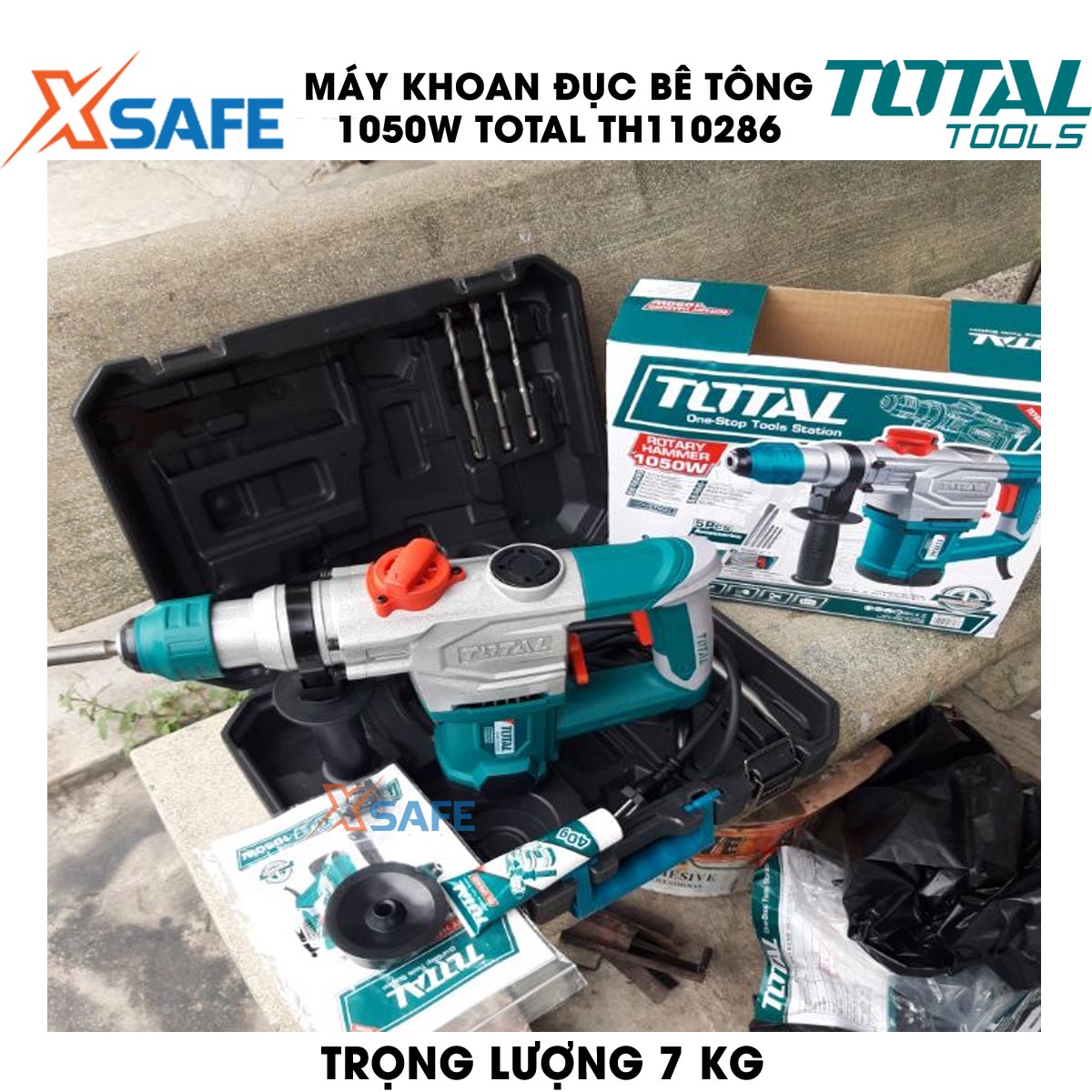Machine drill chisel concrete 1050W TOTAL TH110286 bundled 3 drill bit Tuck and 2 tip chisel. Machine drill chisel hand have no-load 0 - 900 rpm/min, speed hammer 0 - 4000 times/min, genuine warranty 6 months-product genuine XSAFE