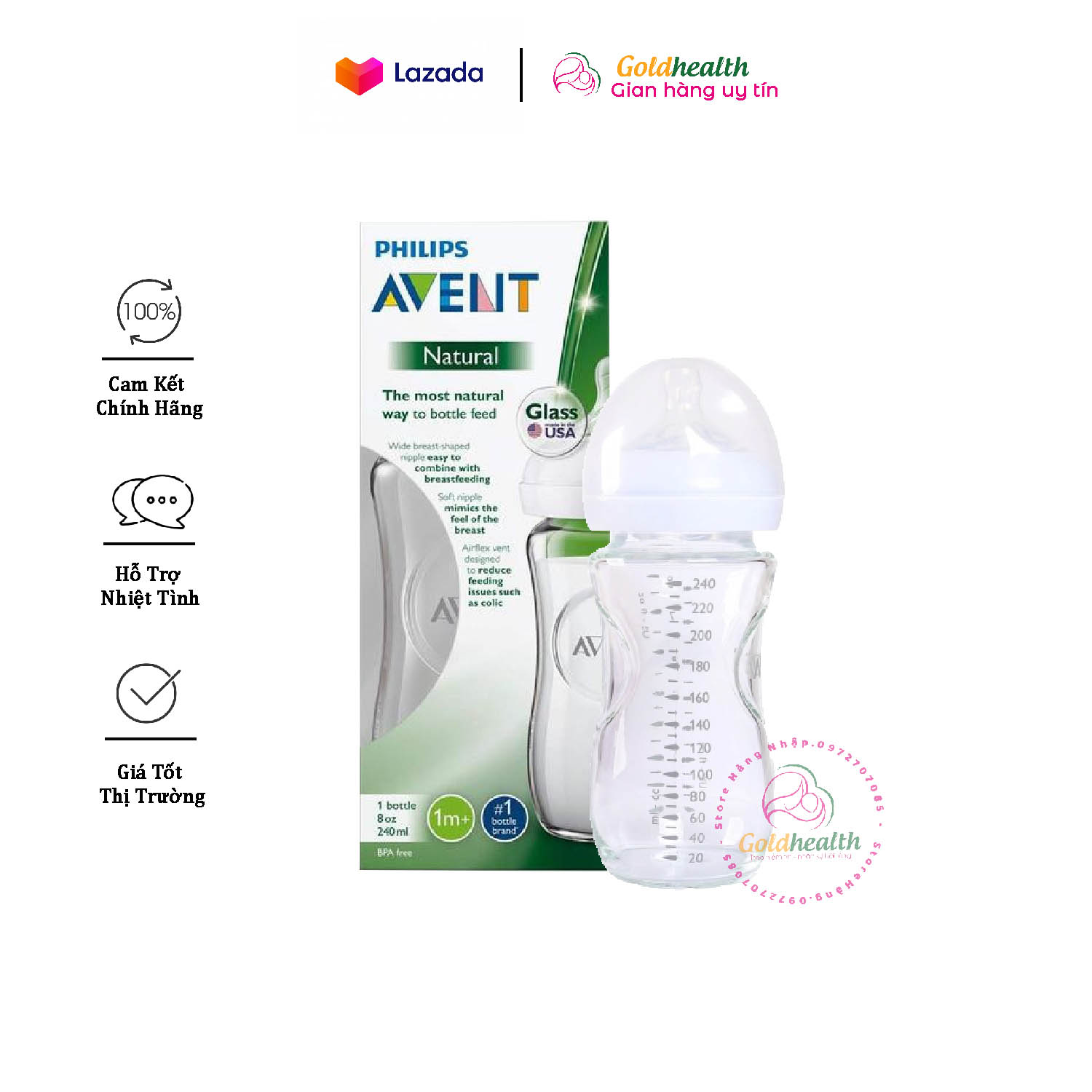 Bình sữa thuỷ tinh Philip Avent cho bé 8oz Mỹ