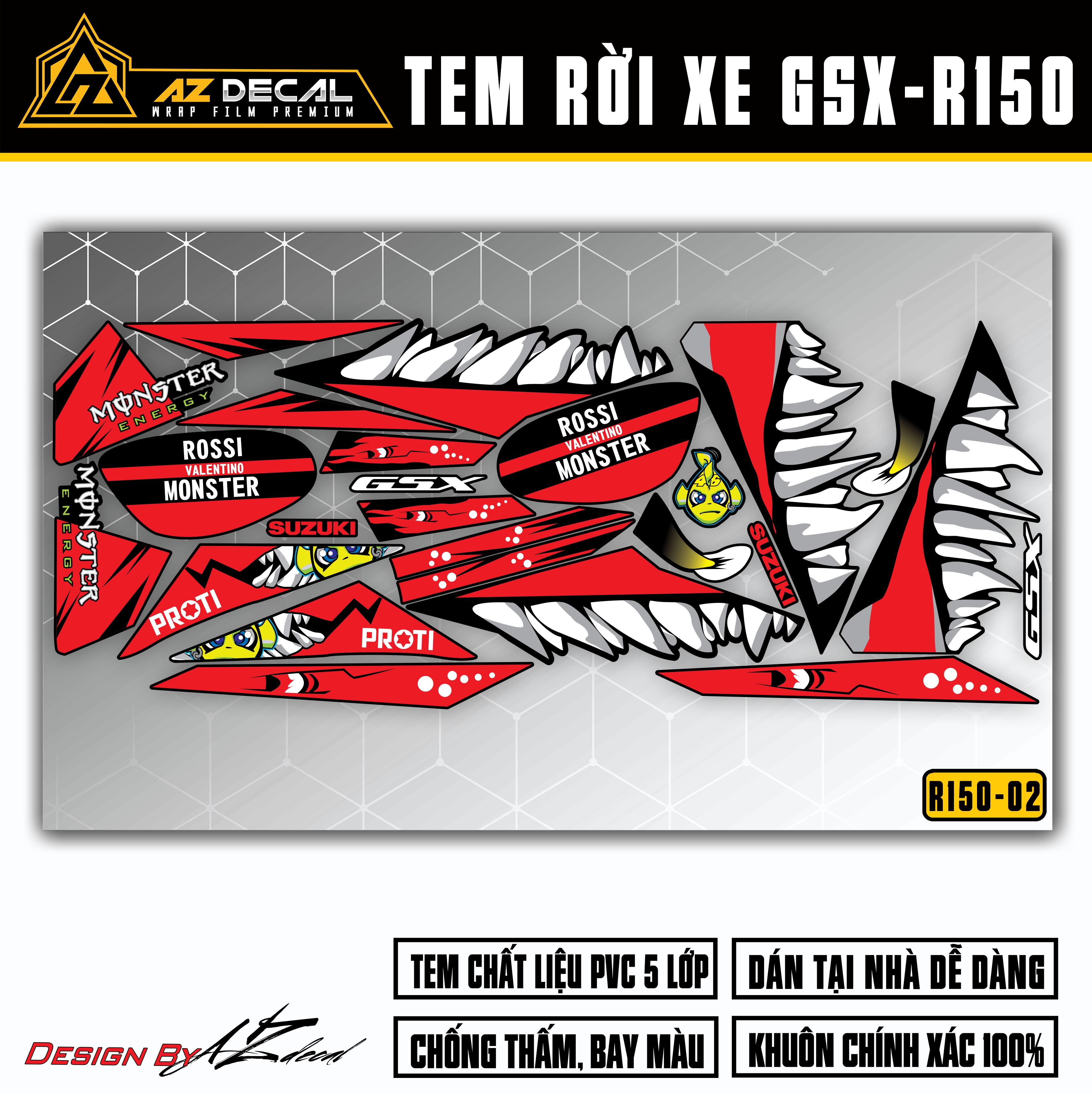 Tem Xe GSX R150 Nhiều Lựa Chọn Màu - Phong Cách Cá Mập Monster | GSX R150-02 | Decal Rời Cắt Khuôn Sẵn, Dễ Dán - Azdecal