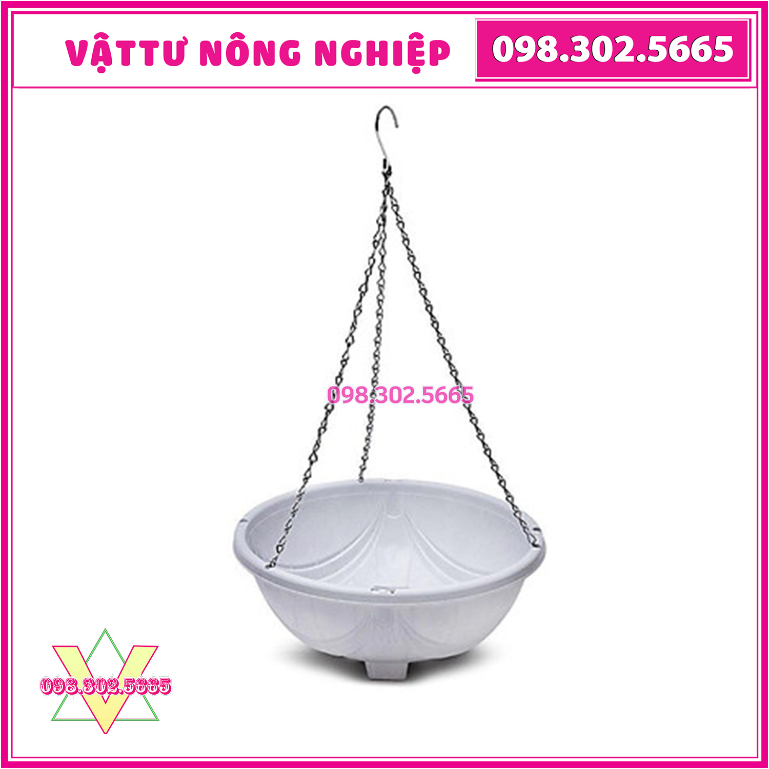 Bộ 5 chậu nhựa chảo treo dây sắt trồng hoa màu trắng đường kính 28cm