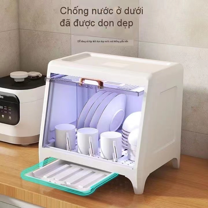 Drain dishes and chopsticks storage box, kitchen dishes, blue light sterilization storage rack, cupboard, bowl box with lid, household shelf