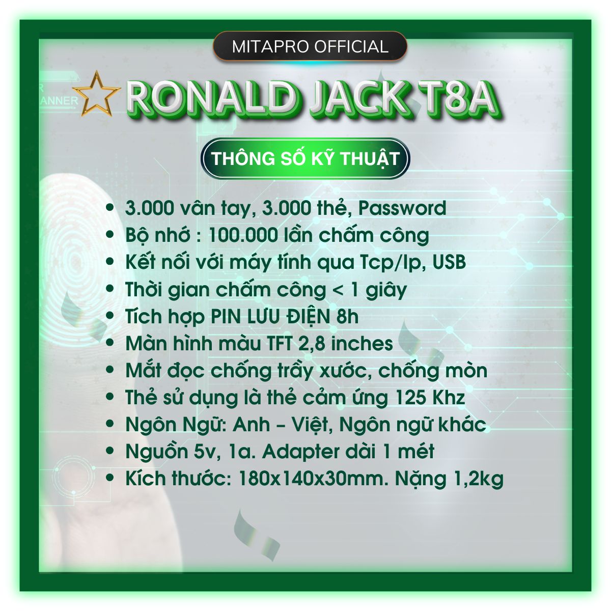 Máy chấm công vân tay Ronald jack T8A , sử dụng đơn giản dể cài đặt, phù hợp cho văn phòng và nhiều công ty