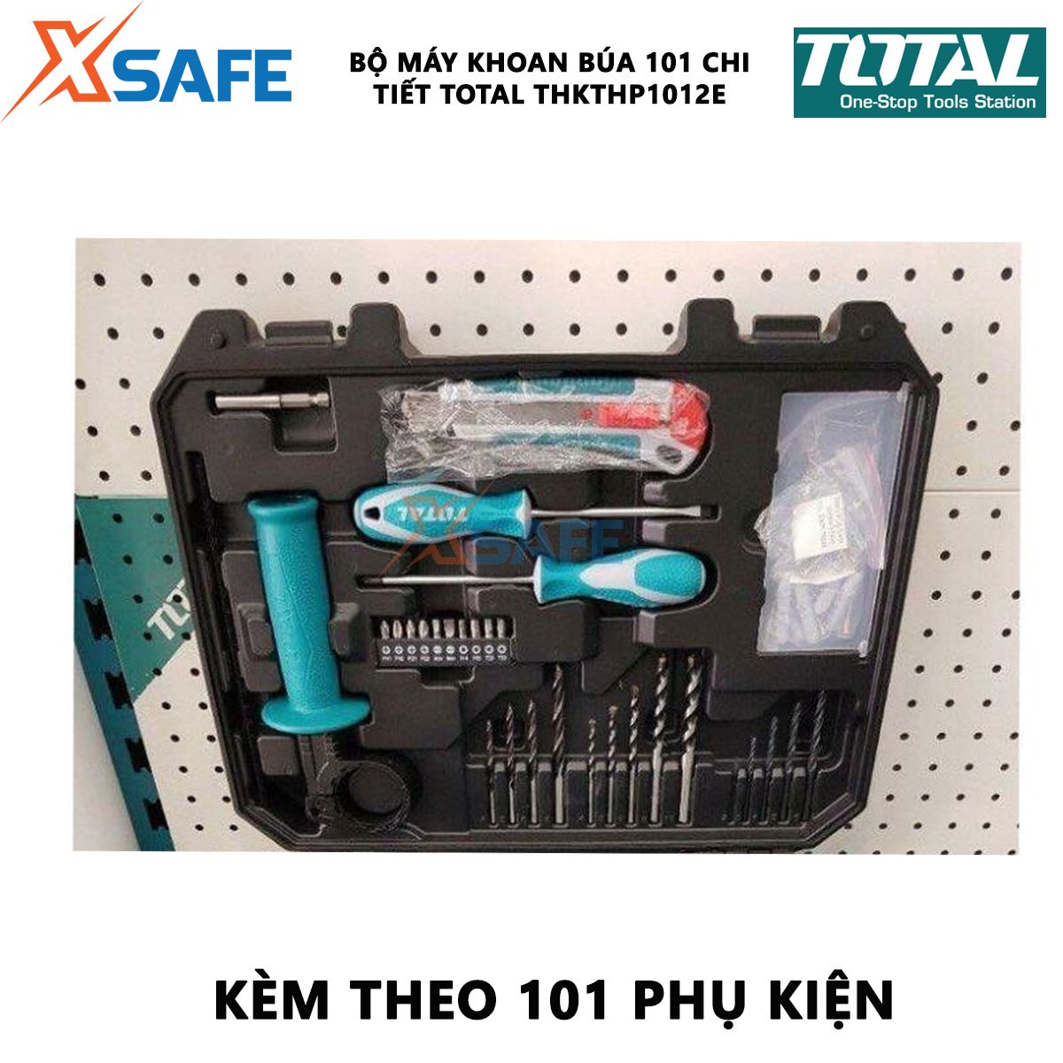 Bộ máy khoan búa 101 món Total THKTHP1012E | Bộ máy khoan búa 101 chi tiết Công suất: 650W Có đảo chiều và điều chỉnh tốc độ dùng để khoan lỗ sâu trên bê tông và các vật liệu cứng
