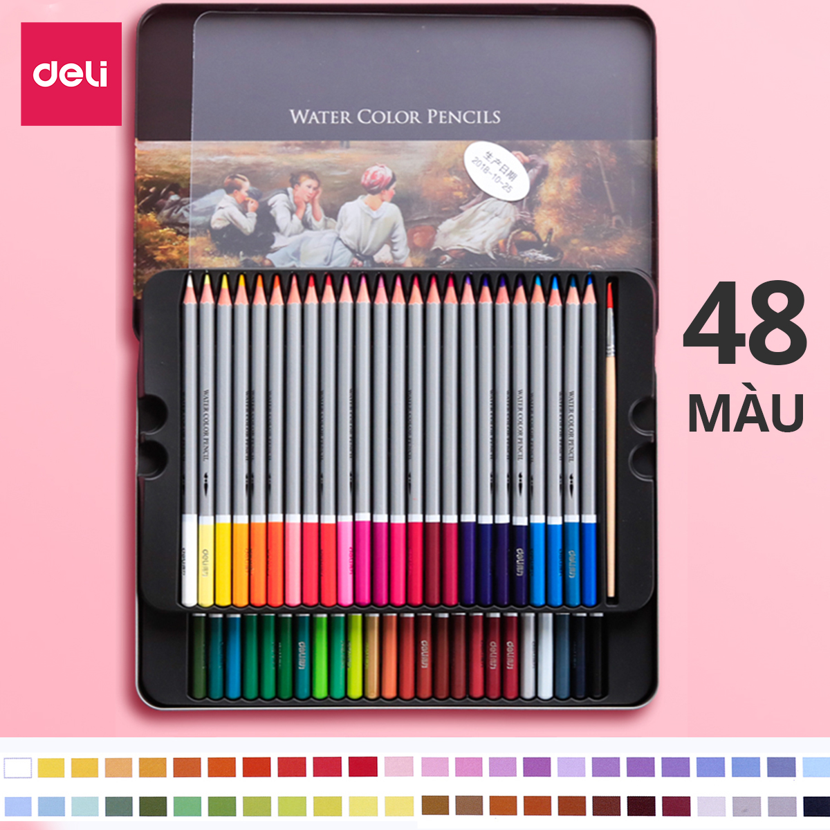 Bút chì màu nước cao cấp Deli - Có kèm cọ tán - Bộ 24/36/48/72 màu - Hộp thiếc - 1 Hộp - 6521/6522/6523/6524