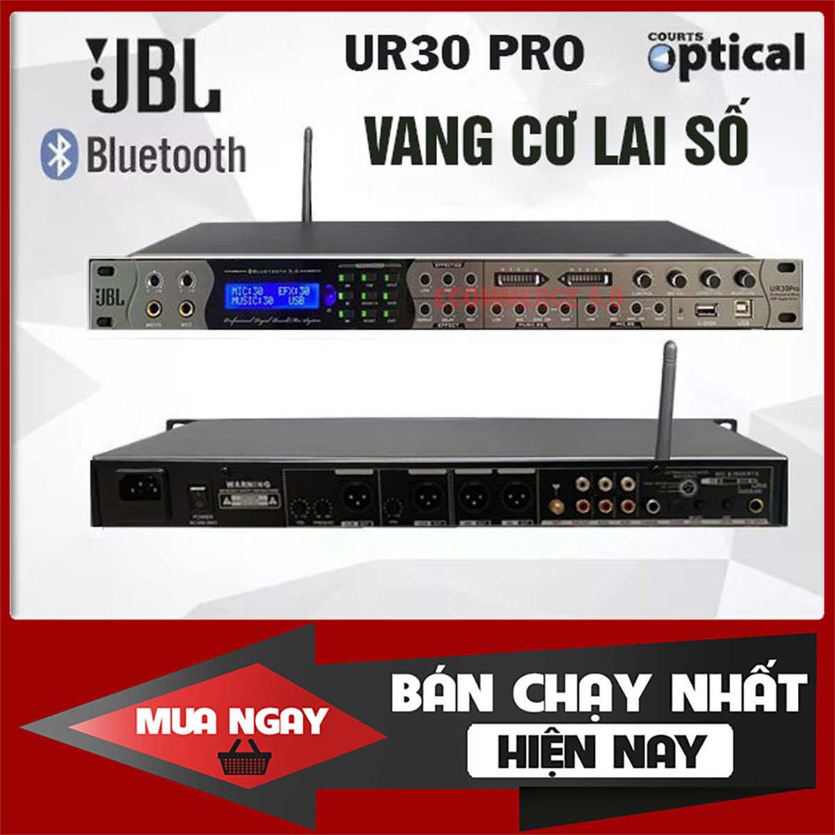 Vang Cơ Lai Số JBL UR30 PRO - Chống hú tối ưu, Effect mượt mà, cổng sub riêng biệt - Đầy đủ kết nối Bluetooth, AV, USB, Coaxial, cổng quang - Màn hình hiển thị thông số - Cho âm thanh chất lượng tốt.