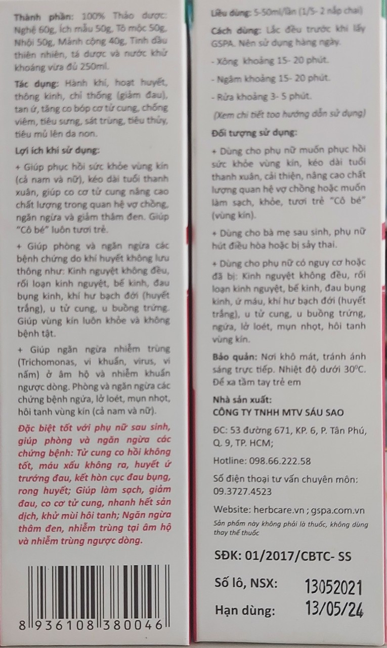 Dung Dịch GSPA - Ngâm,  Xông, Rửa Phụ Khoa.