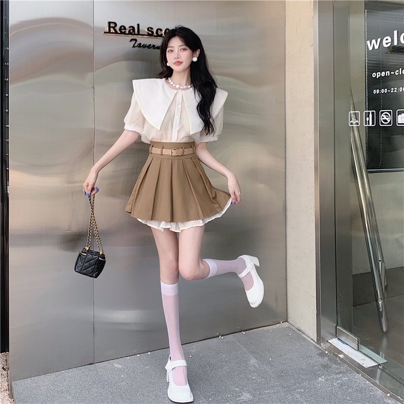 Set bộ nữ đi chơi - Sét áo sơ mi cổ sen, mix chân váy xếp ly 2 tầng kèm dây lưng nâu cực xinh xắn, sét áo kiểu và chân váy, Sét 3 món áo sơ mi mix chân váy phối voan tặng kèm dây lưng, Set bộ váy nữ, Sét áo và chân váy ngắn nữ
