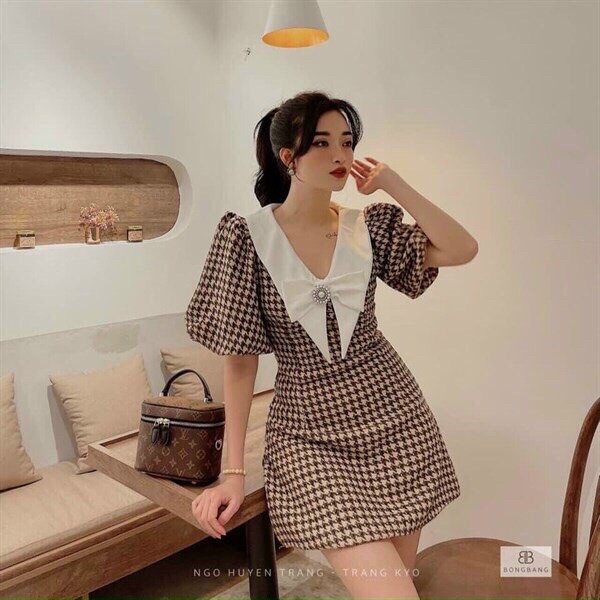 Siêu phẩm Đầm caro vintage cổ V, đầm tiểu thư đính nơ, đầm caro đơn giản mặc đi tiệc kèm ảnh thật chất vải