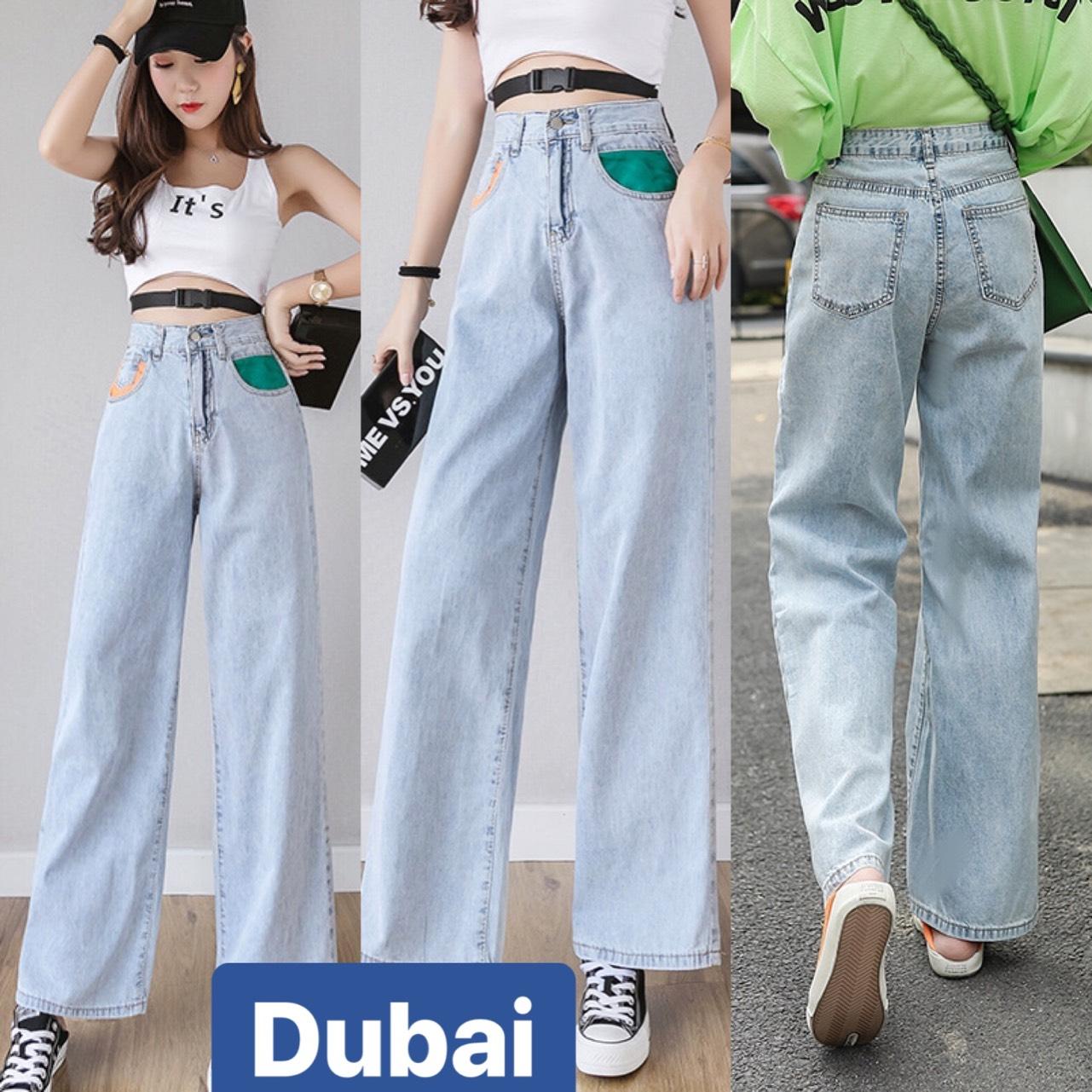 QUẦN BAGGY JEAN NỮ CHẤT BÒ XANH ỐNG SUÔNG RỘNG MÀU 2 TÚI LƯNG CAO NÂNG MÔNG ULLZANG DB-18 CAO CẤP - DUBAI FASHION