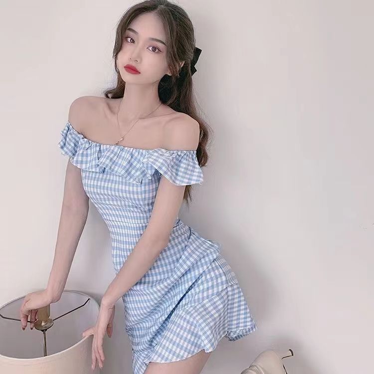 Đầm dự tiệc ngắn tay babydoll ulzzang dễ thương kẻ sọc nhún bèo một vai eo váy chữ A