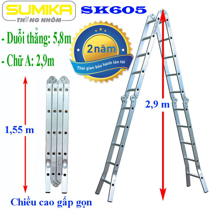 Thang nhôm gấp 4 đoạn Sumika SK605, chữ a 2,9m duỗi thẳng 5,8m Độ dày của nhôm 1.5mm Tiêu chuẩn an toàn Châu Âu: EN131 Màu thang: nhôm trắng nguyên bản Trang bị: Đế cao su chống trơn trượt