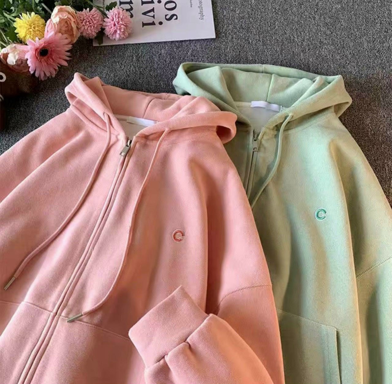 Áo khoác hoodie zip dây kéo chữ C vải nỉ lót bông form rộng unisex nam nữ Ulzzang chất dày dặn giá tốt - TP88