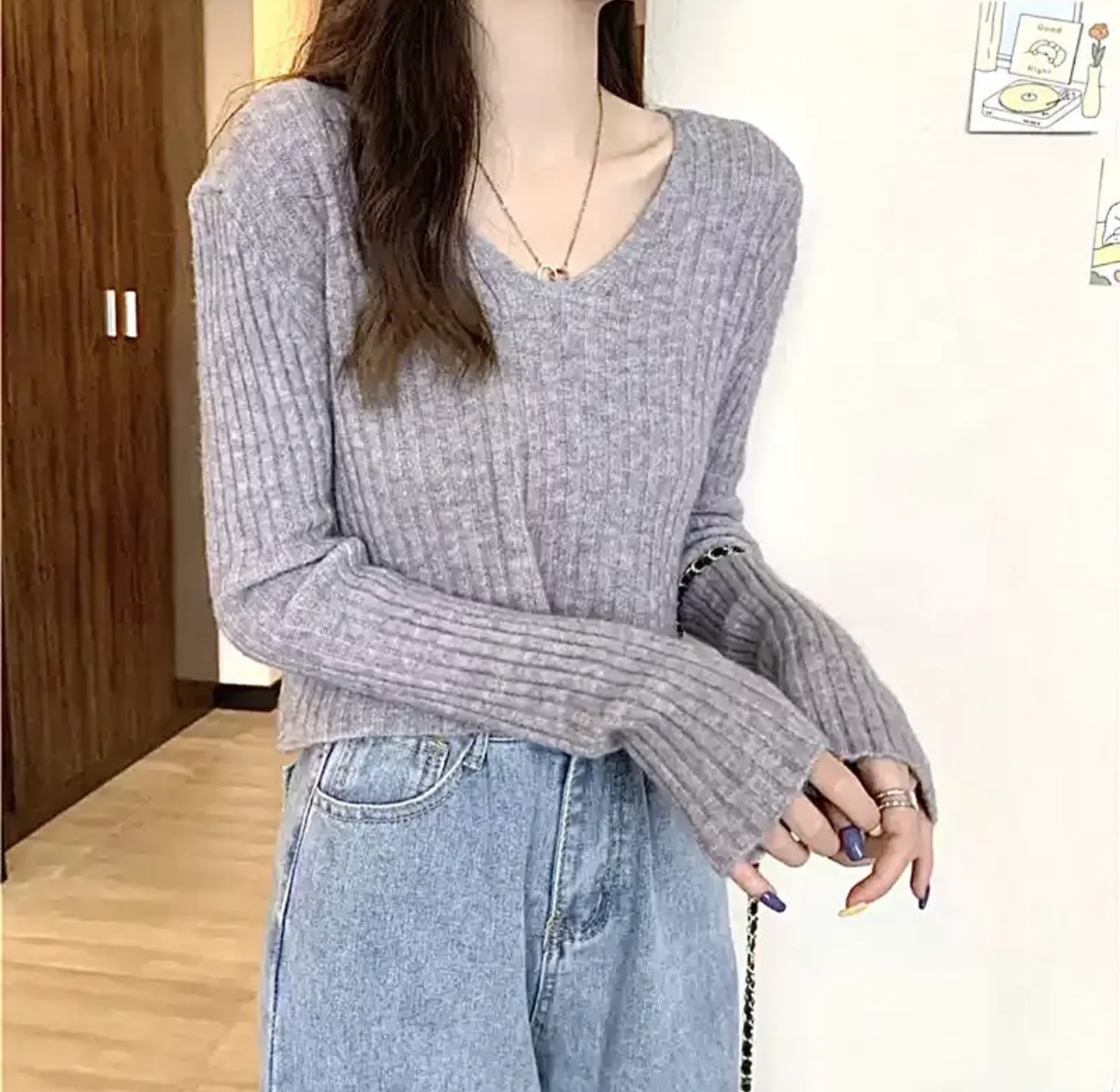 Áo Len Nữ Dài Tay Cổ Tim Dáng Lỡ