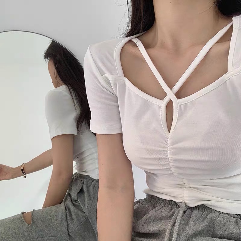 [EIGHTYK] Áo Croptop Tay Ngắn Phối Dây