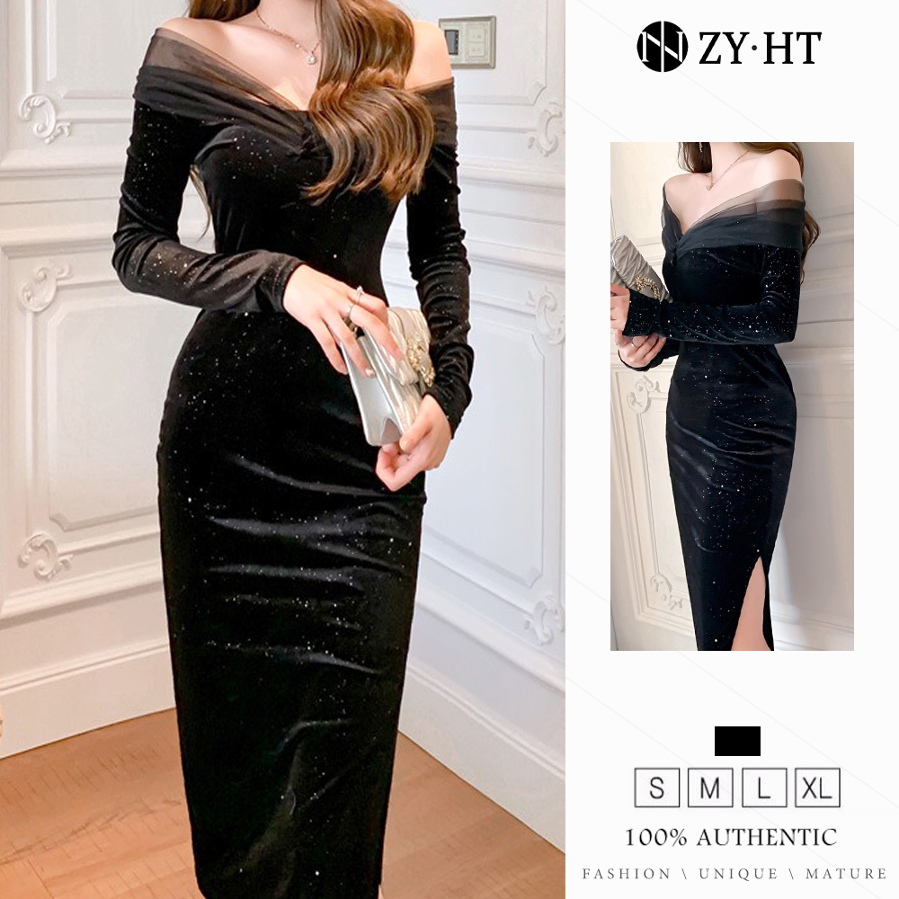 ZYHT eravogue Đầm váy đầm dài đen đầm tay dài đầm nhung đầm trễ vai đầm ôm sát hàn quốc sexy thời trang cổ chữ v 4617
