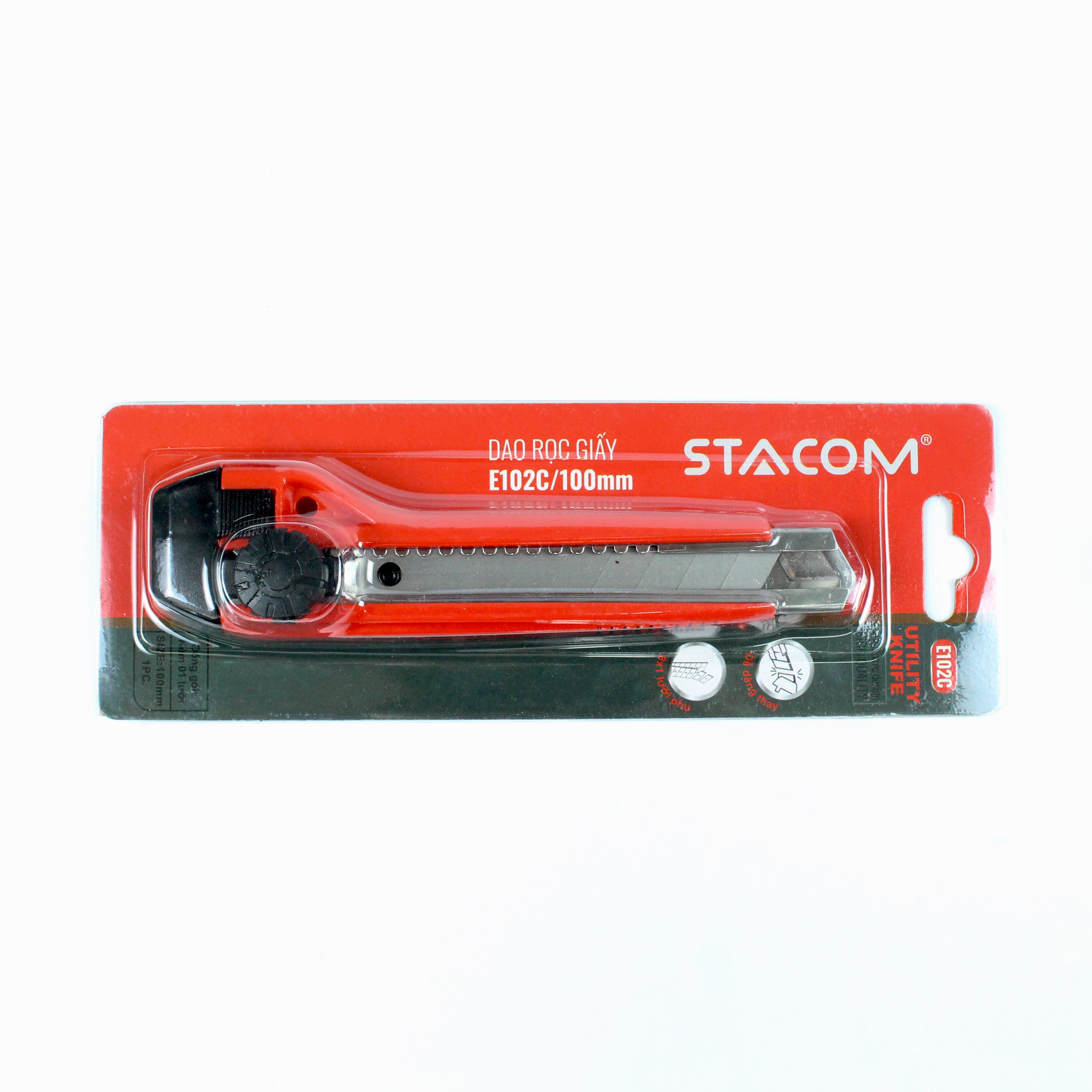 Dao Rọc Giấy Công Nghiệp STACOM Kèm 02 Lưỡi Phụ - Lưỡi Cỡ Lớn E102C - 18 x 100 x 0.5 mm - Có bán kèm lưỡi thay