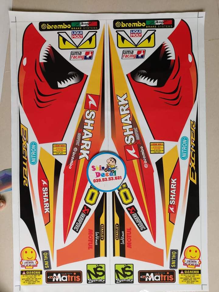 Tem exciter 135 cá mập đỏ đen tặng logo