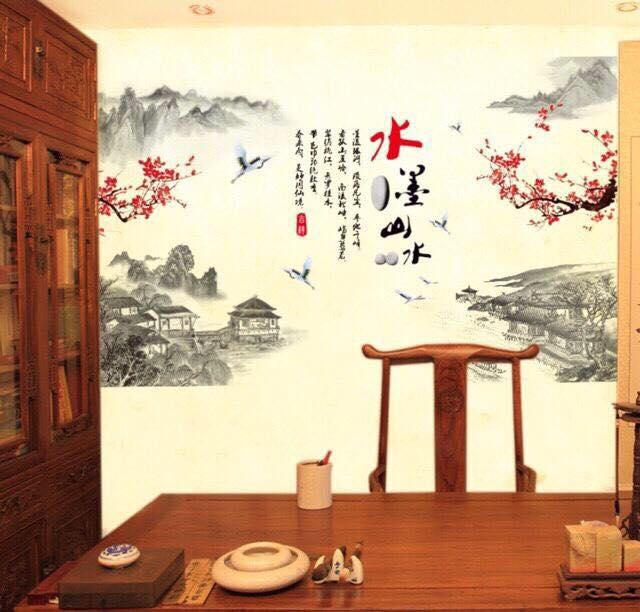 decal dán tường phong thủy núi non mẫu càn đào đỏ
