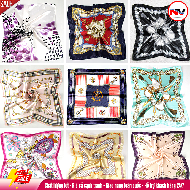 Khăn Choàng Cổ Lụa Satin 50x50 cm Hoa Văn Thanh Lịch