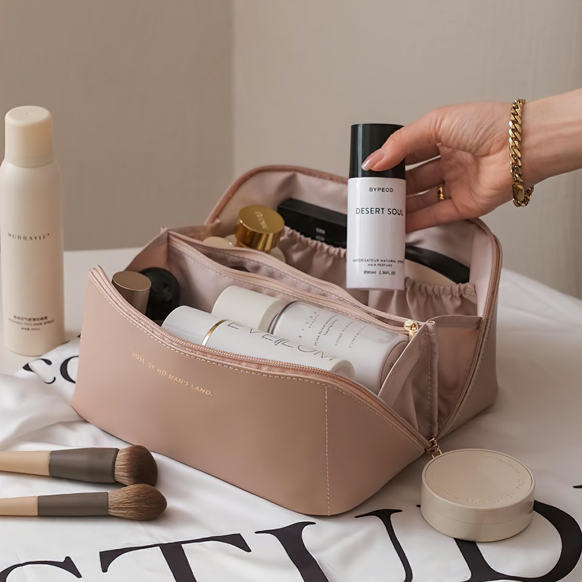PU material travel cosmetic bags and multi -purpose makeup combined with personal items with waterproof compartments and straps