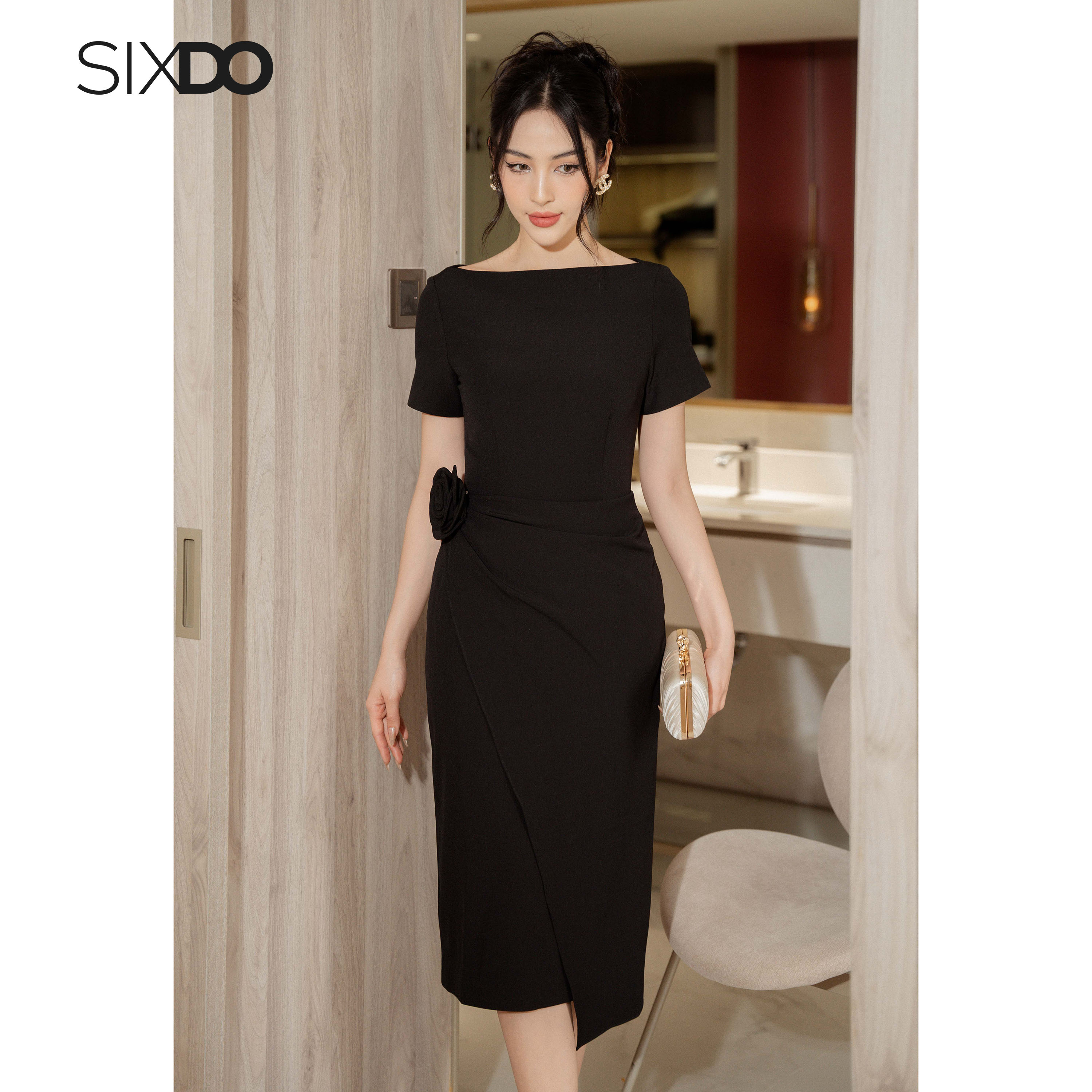 Đầm phối hoa vạt chéo thời trang SIXDO