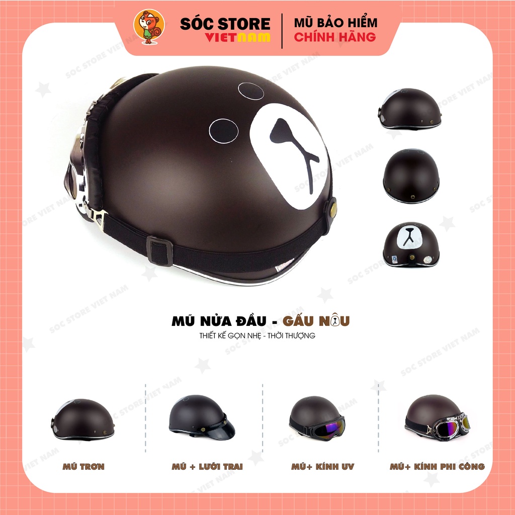 Mũ bảo hiểm nửa đầu 1 2 kính phi công Sóc Store, nón bảo hiểm 1 2 kèm kính UV freesize