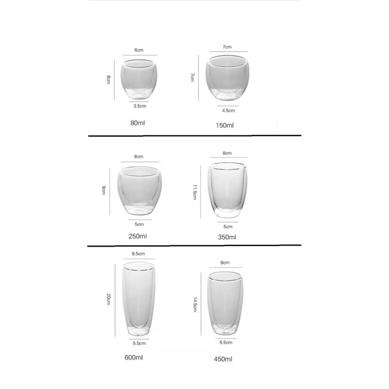 Cốc thủy tinh 2 lớp 80ml - 250ml - 350ml - 450ml (Thủy tinh chịu nhiệt Borosilicat)