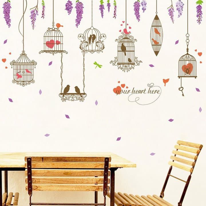 Decal dán tường lồng chim trái tim đỏ
