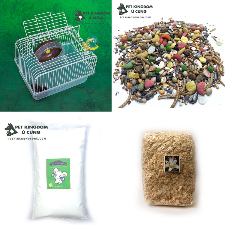 combo lồng hamster - thức ăn - lót chuồng - cát tắm