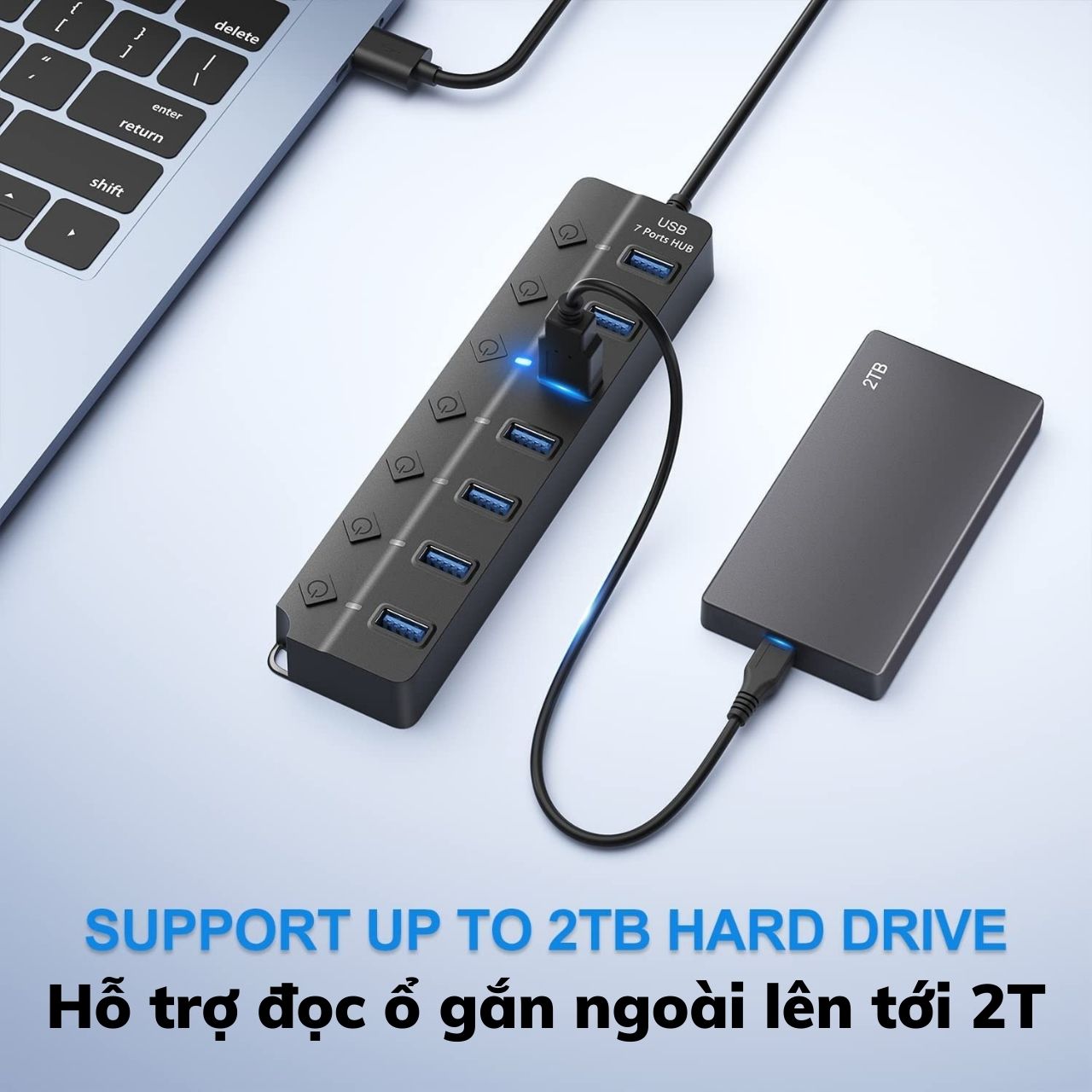 Hub Chia Cổng USB Trung Tâm 3.0 Type-C – Bộ chia USB OTG chuyển đổi có công tắc nguồn Led - Tốc độ cao 5Gbps